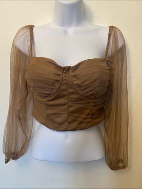 Brown Mesh Sleeve Bustier Crop Top - Women